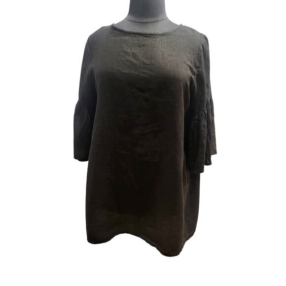 Bryn Walker Lagenlook Linen Tunic Top Women's Boho Sz Large Black Ruffles - Picture 1 of 10